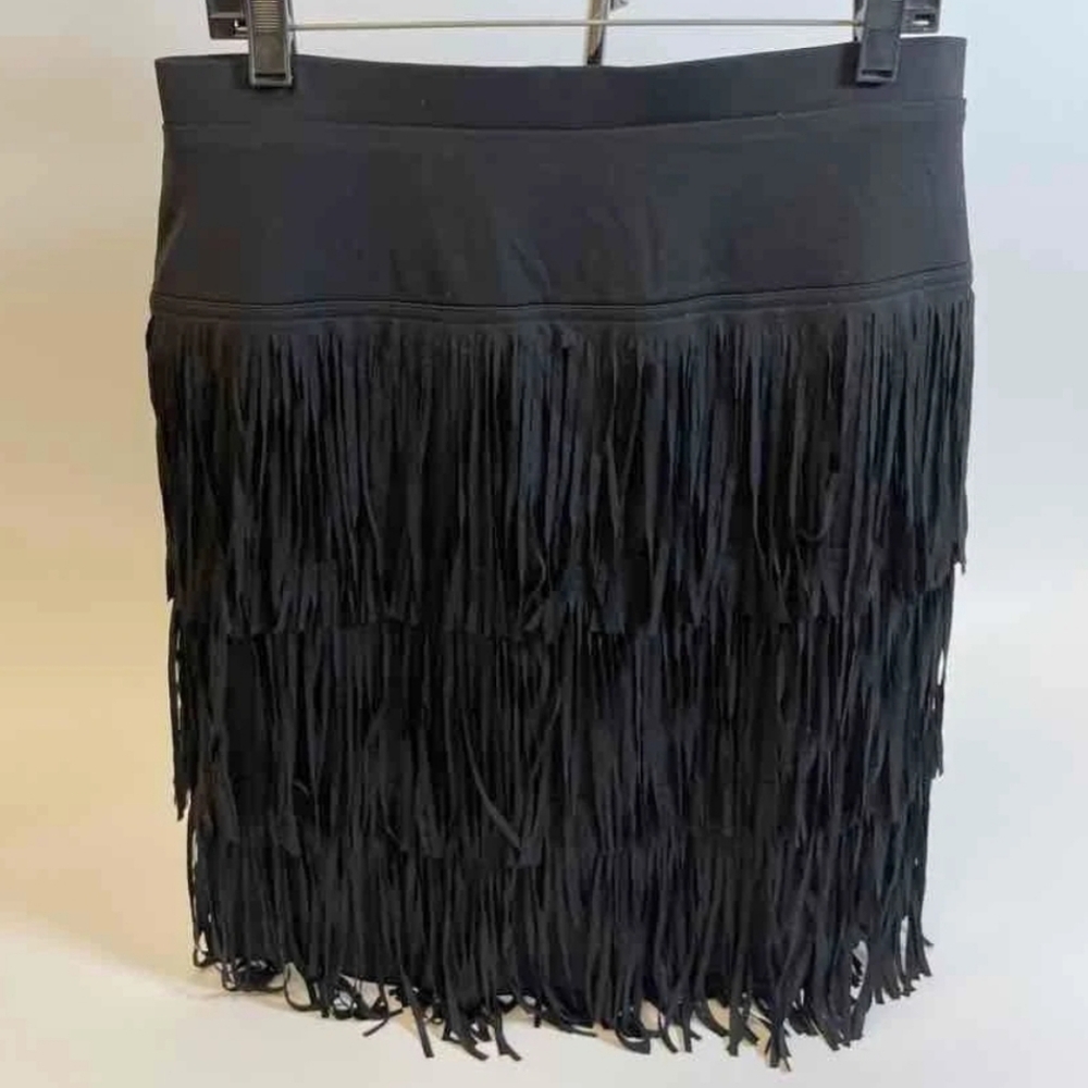 Chico's Elegant Black Tiered Fringe Mini Skirt - Picture 2 of 8